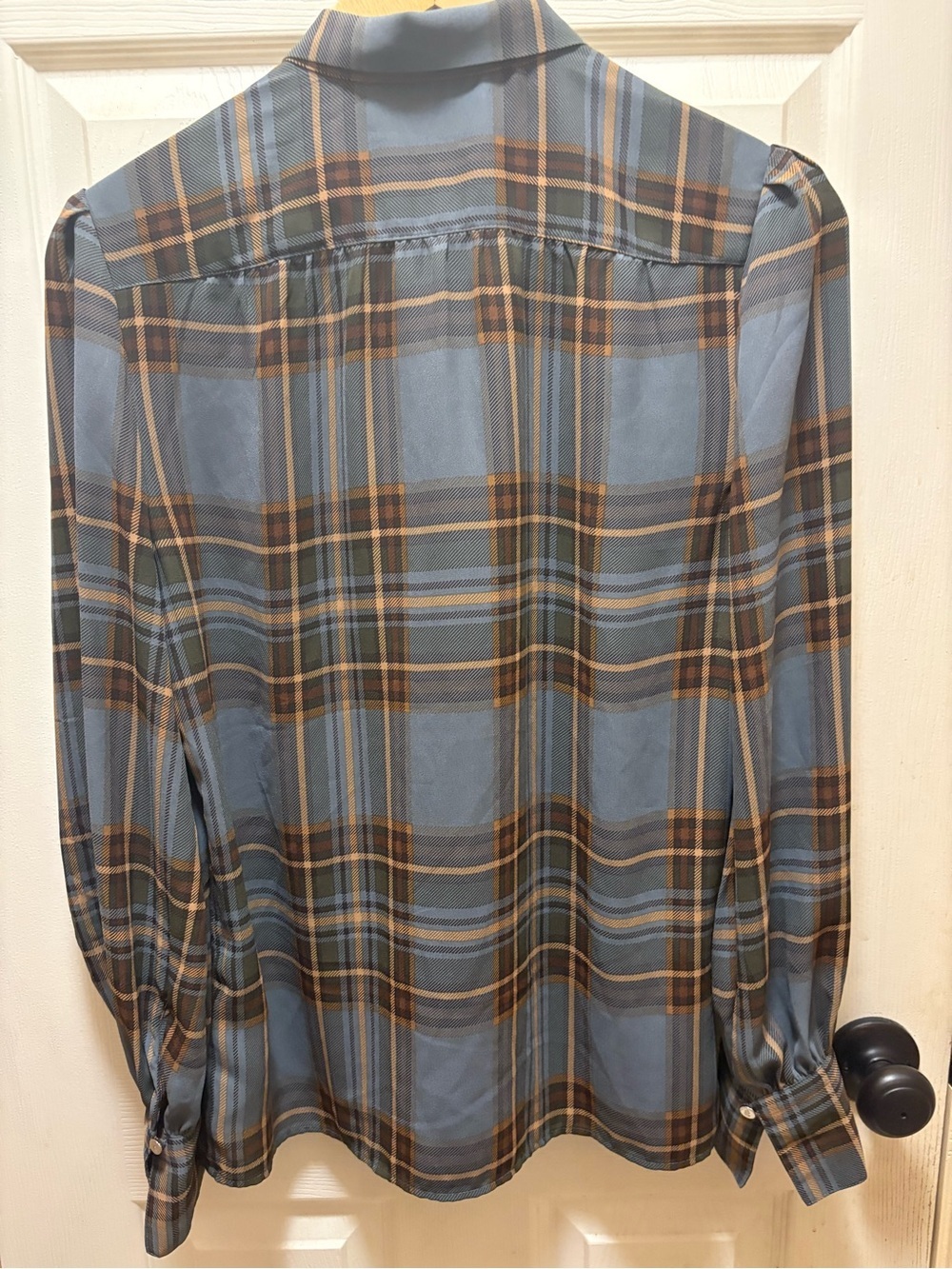 Lauren Ralph Lauren Plaid Tie Neck Bow Blouse Womans Sz M Blue Gray Brown - Picture 14 of 16